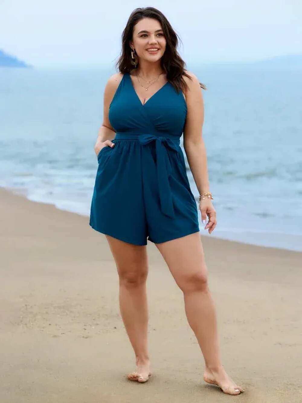 Bloomchic Plus Size 1X 14-16 Belted One Piece Romper Swimsuit with pockets